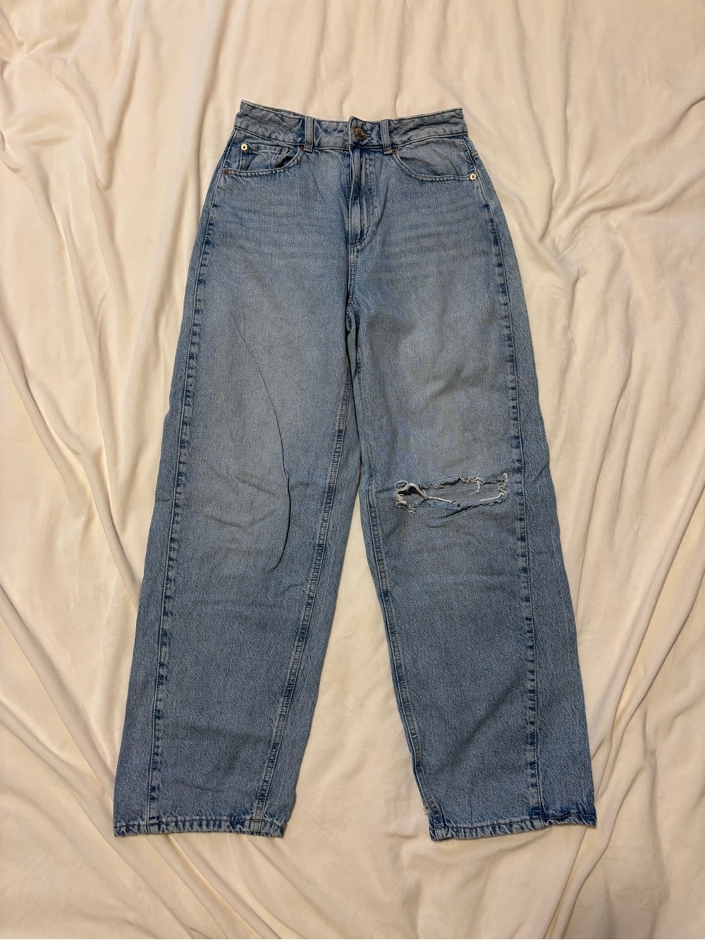 Garage Light Blue Straight Leg Jeans with Knee Distress